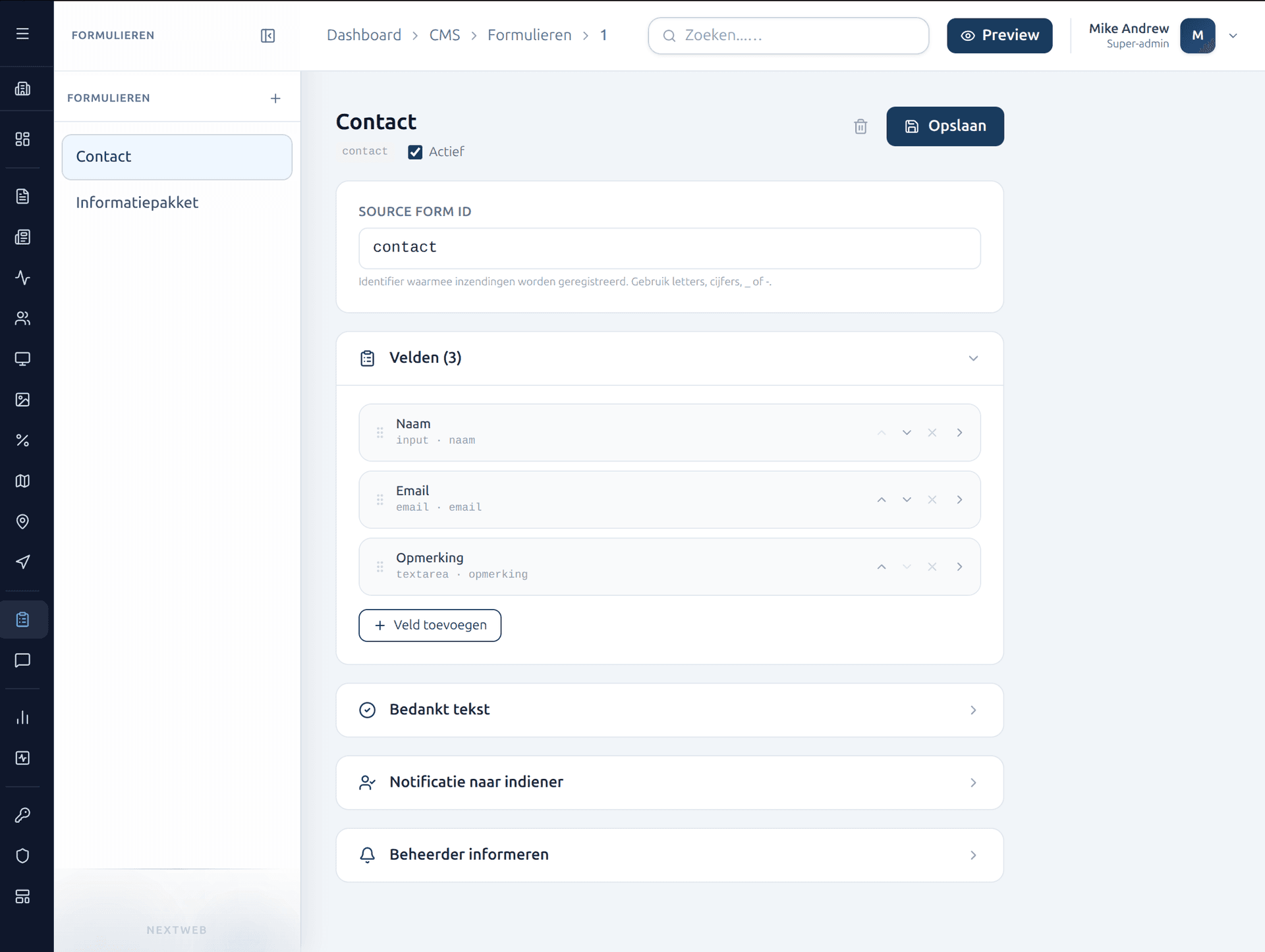 nextWeb formulierenbeheer in het CMS